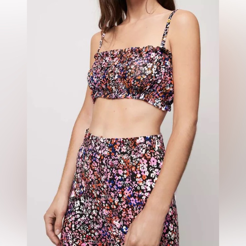 Maje Timico Spotted Floral Print Smocked Silk Sheer Bralette Strap Diamond Piece